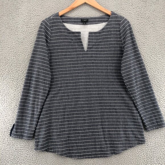 Talbots Shirt Womens 1X Plus Gray Striped Ruffle Long Sleeves V Neck Pullover - Picture 1 of 9